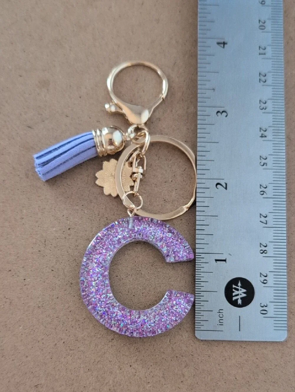 Gold Keyring with Purple Glitter 'C' Charm and Tassel